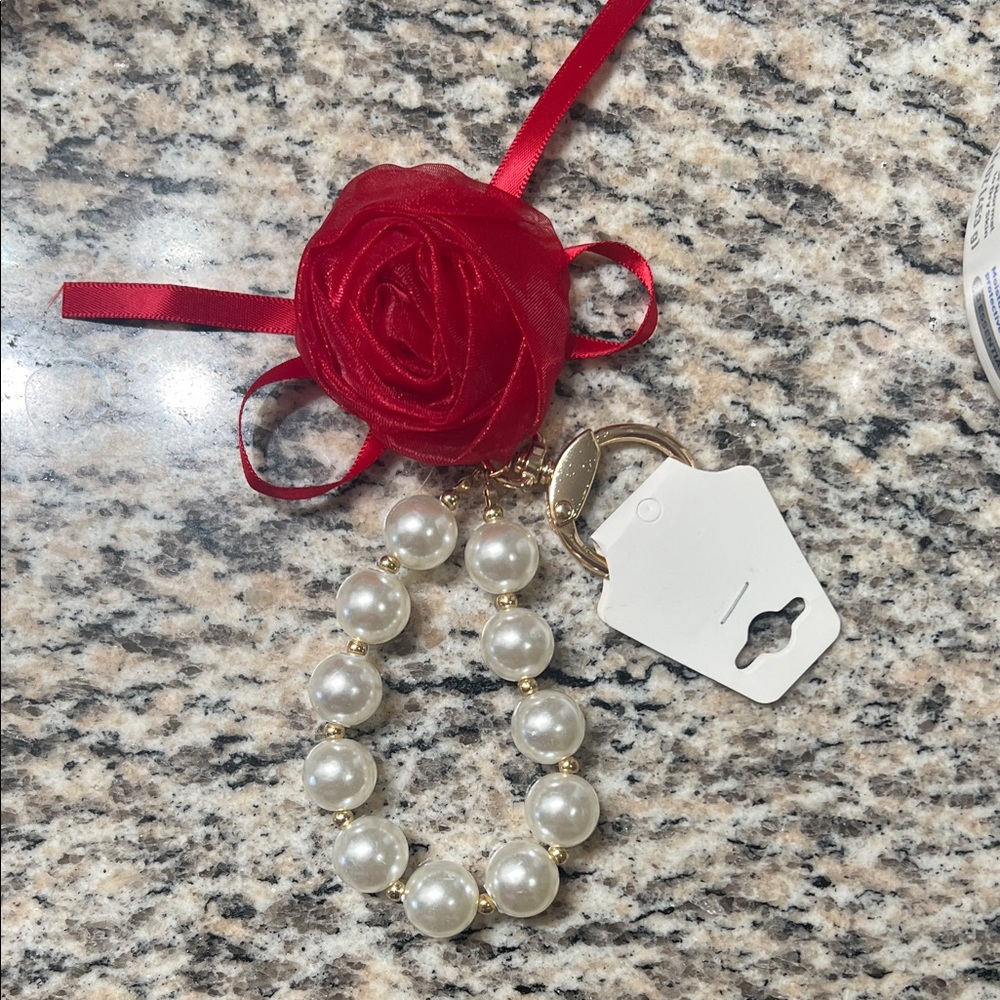 Elegant Pearl keychain with Red Rose Accent